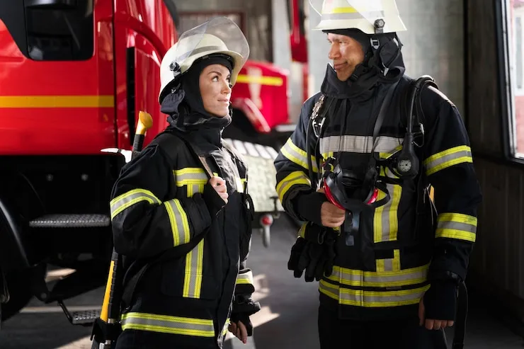 Two firefighters in full protective gear and white helmets stand conversing at the fire station, with a red fire truck visible in the background.